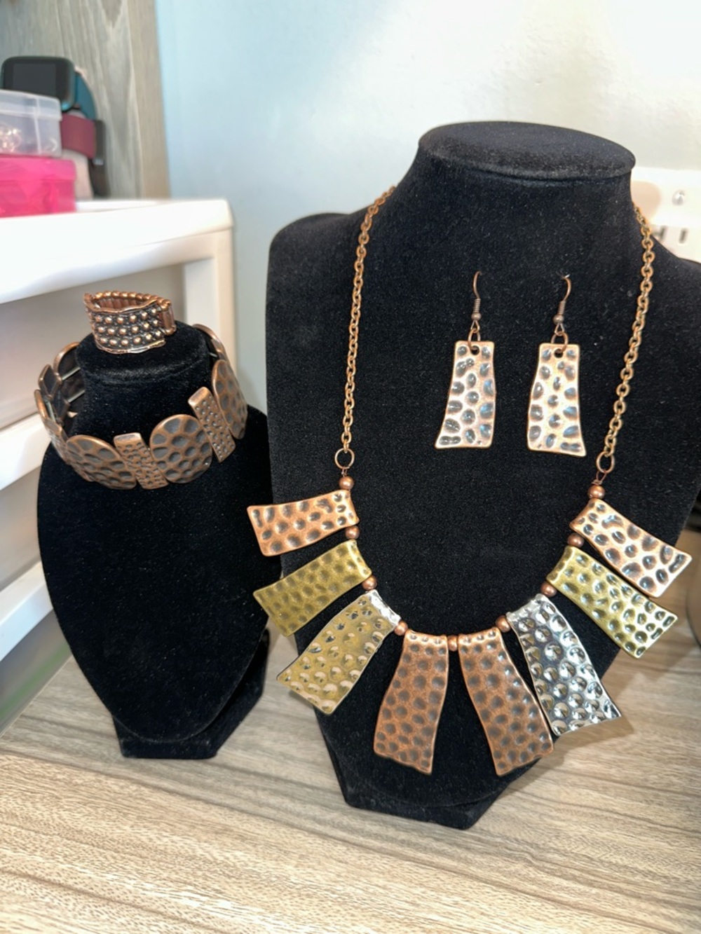 Statement Multitone Hammered Metal Necklace & Earring Set - Copper, Gold, Black
